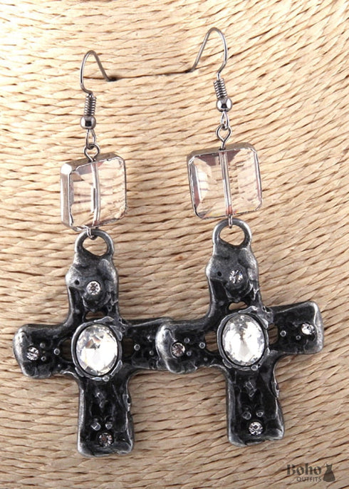 Boho Earrings, RH Dangle Earrings, Silver Metal Cross
